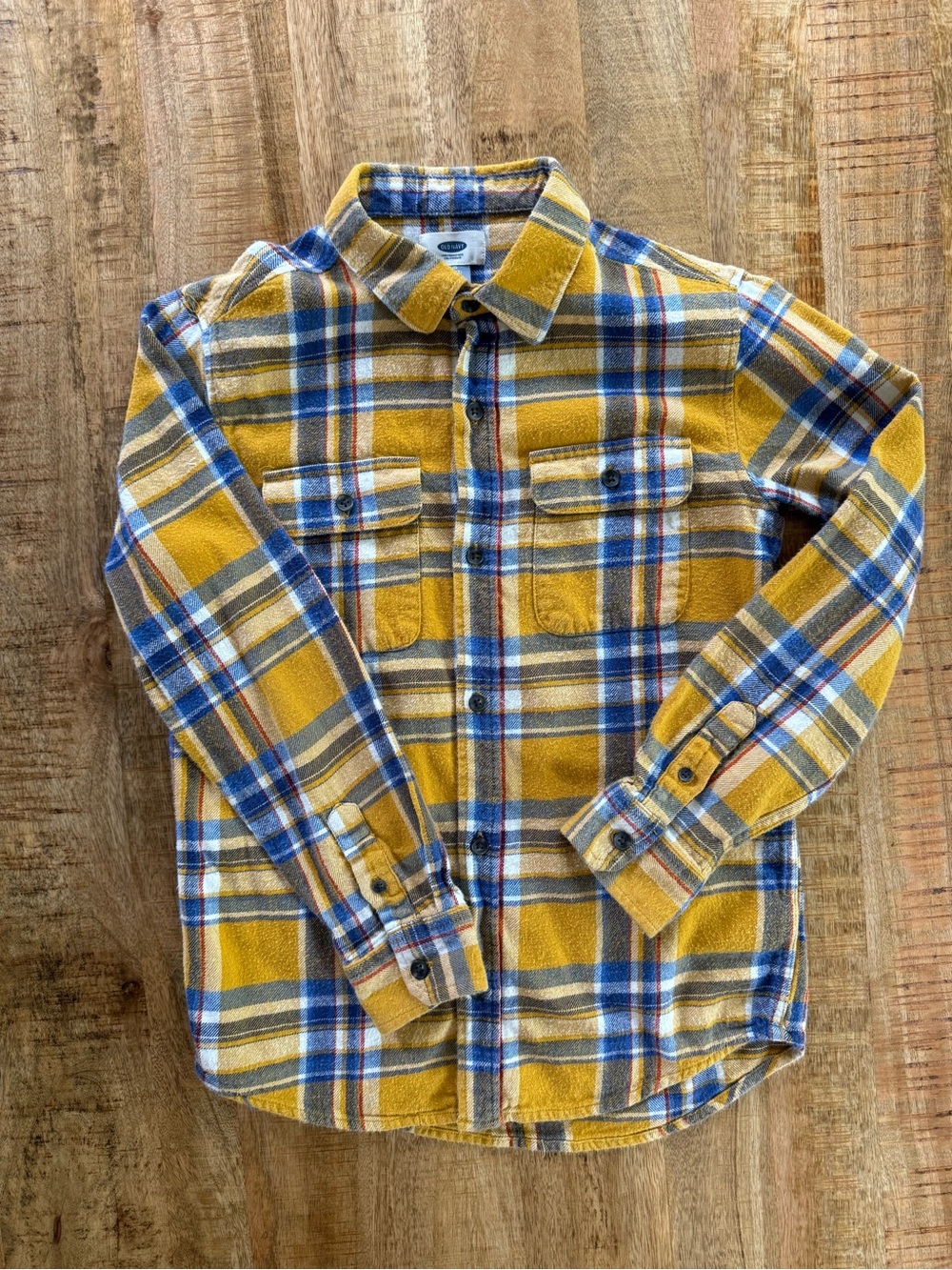 Old Navy Boys L 10-12 Plaid Flannel Fall Family Photos Mustard Blue